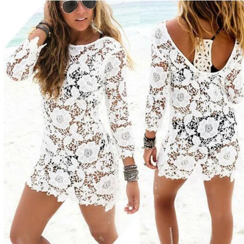 Женское летнее пляжное платье в стиле бохо прозрачное белое кружевное