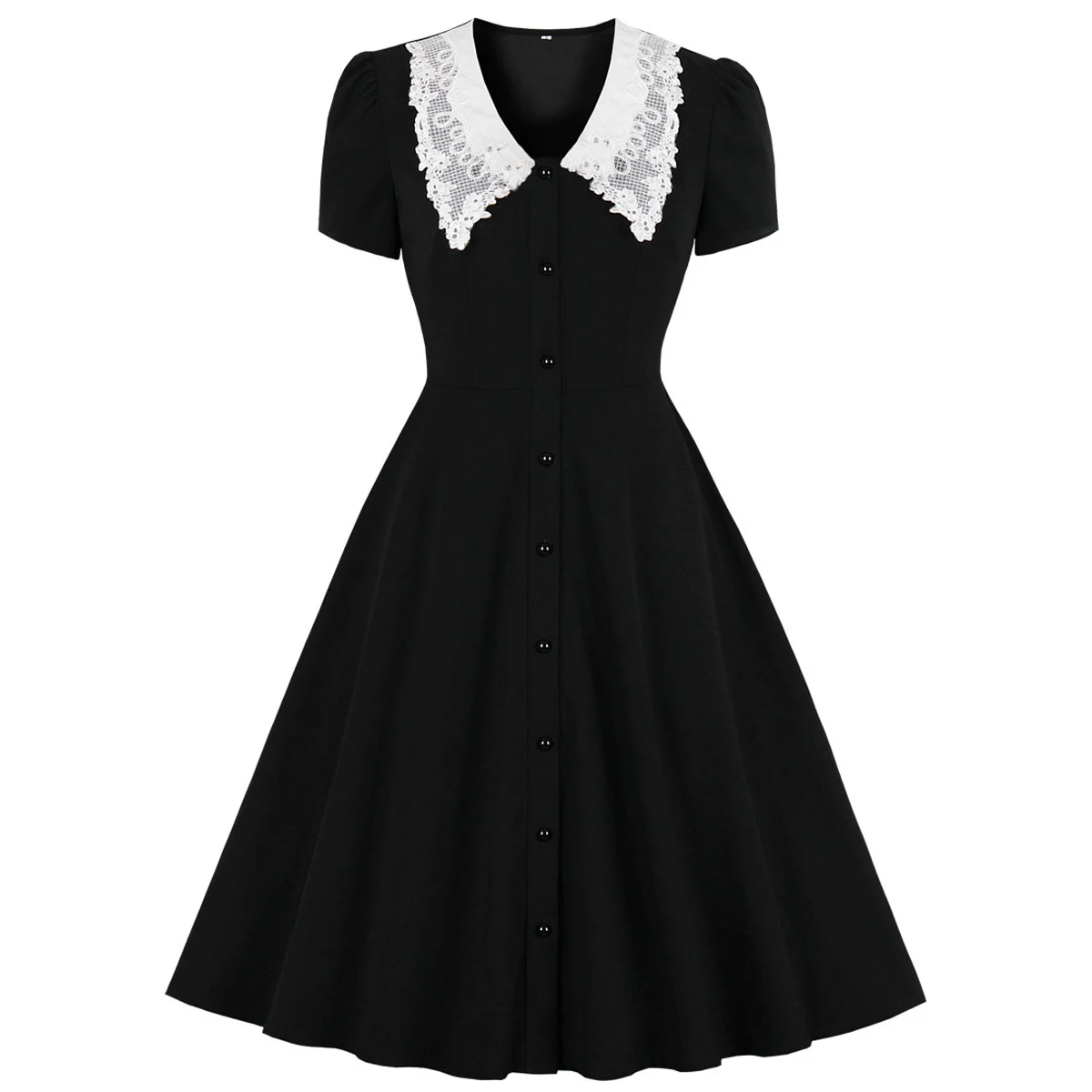 Black Summer Women Casual Swing A Line Cotton Dress Lace Peter Pan Collar Short Sleeve Pinup 50s 60s Vintage Rockabilly Dresses