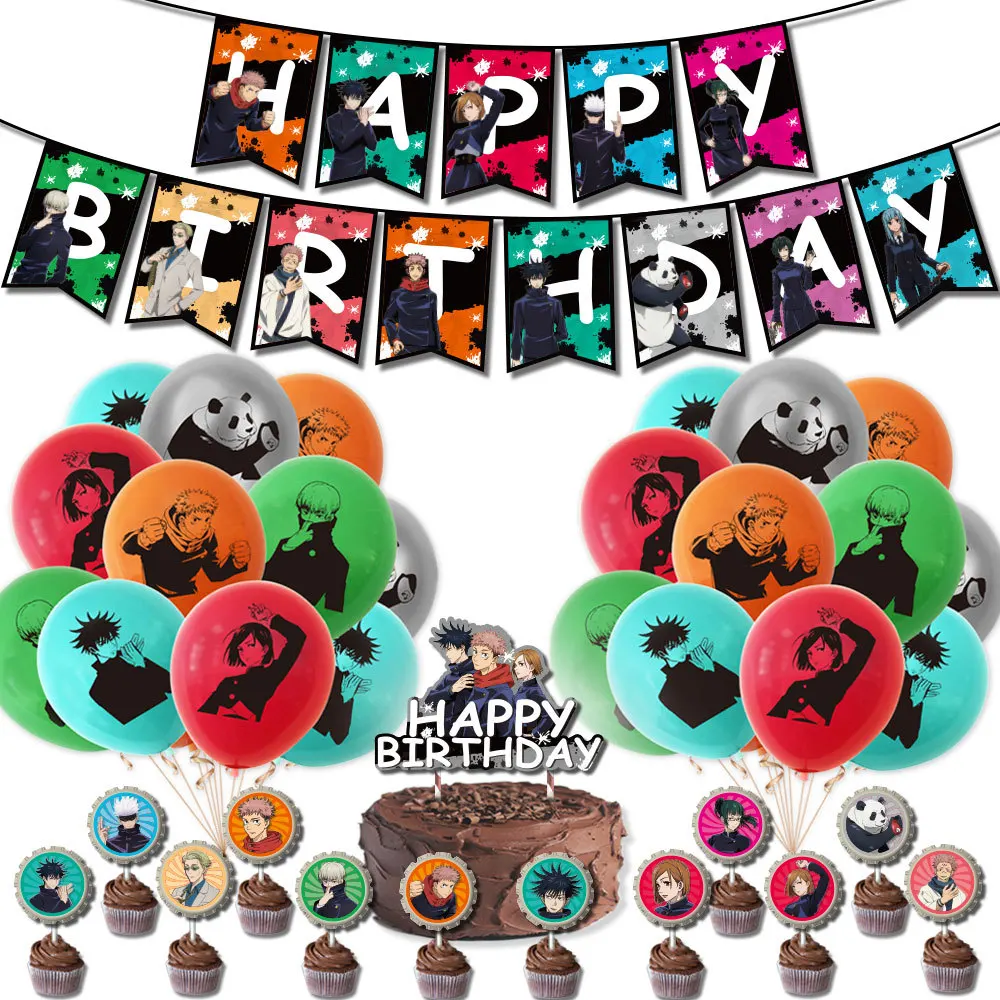 

Jujutsu Kaisen Theme Latex Balloon Banner Cake Topper Happy Birthday Baby Shower Party Decor Hanging Demon Slayer Kid Favor