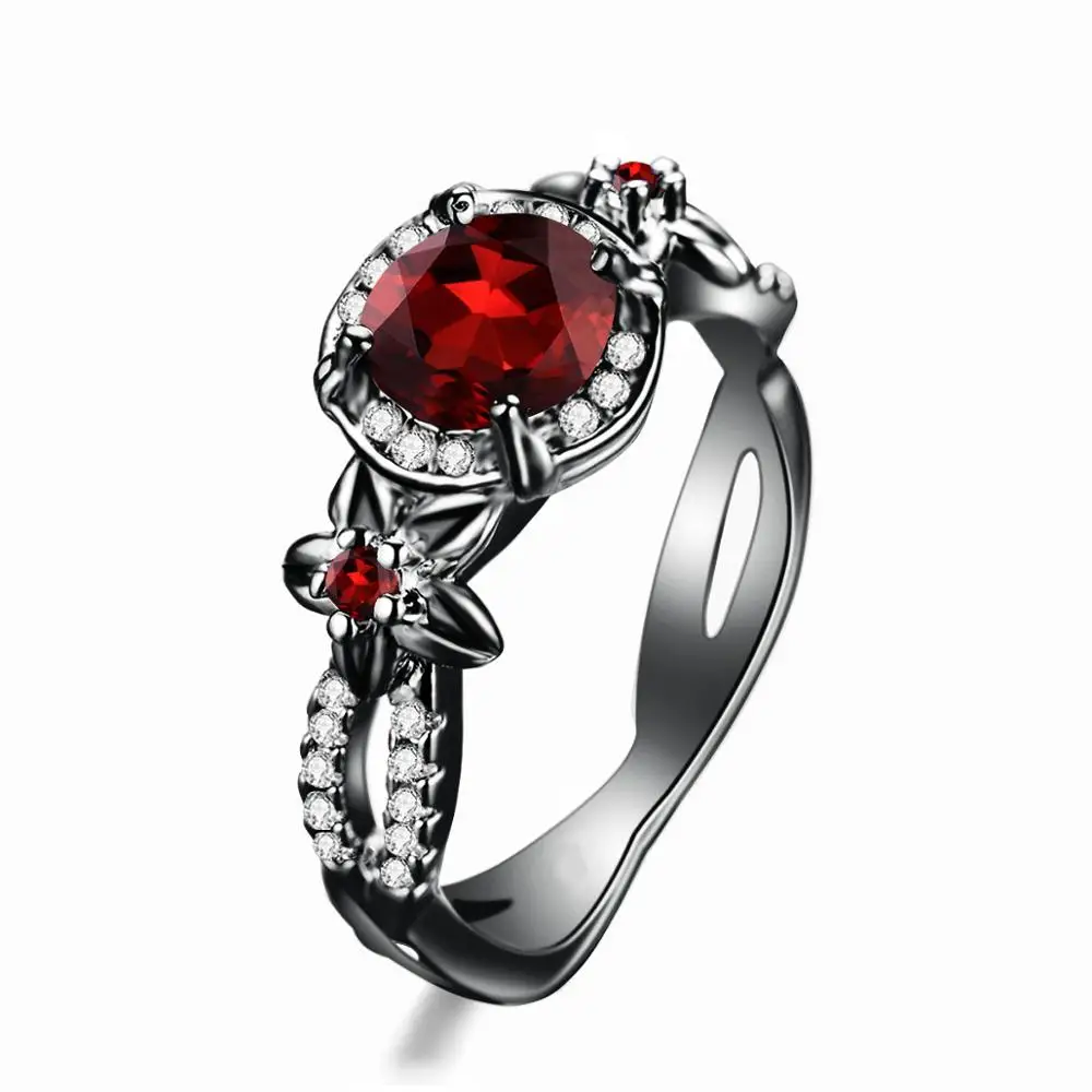 

925 Sterling Silver Ring For Women Round Flower Red Garnet With Diamonds Gemstone Black Gold Ring Classic Fashion Jewelry Hot
