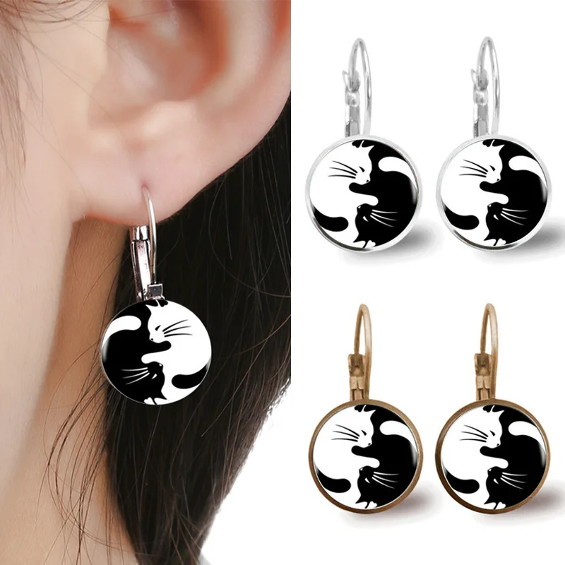 Vintage Yin Yang Cats Glass Cabochon Statement Pendant Drop Earrings For Women Females Jewelry Gift Hot Sale | Украшения и