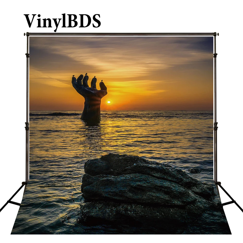 

VinylBDS Sea Scenery Background Photography Sunset Stone Is Hand Thick Cloth Photography Backdrops For Photo Studio