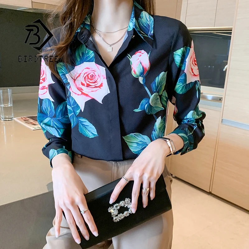 

Spring Women's Korean Floral Satin Shirts Long Sleeve Turn-down Collar All-math Office Elegant Single Breasted Lady Tops T13419X