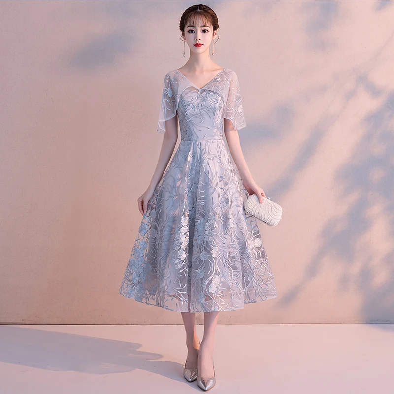 

Grey Lace V Neck Flutter Sleeve Cocktail Dress For Cocktail Party Tea Length Formal Women Dress Zipper Back Vestidos