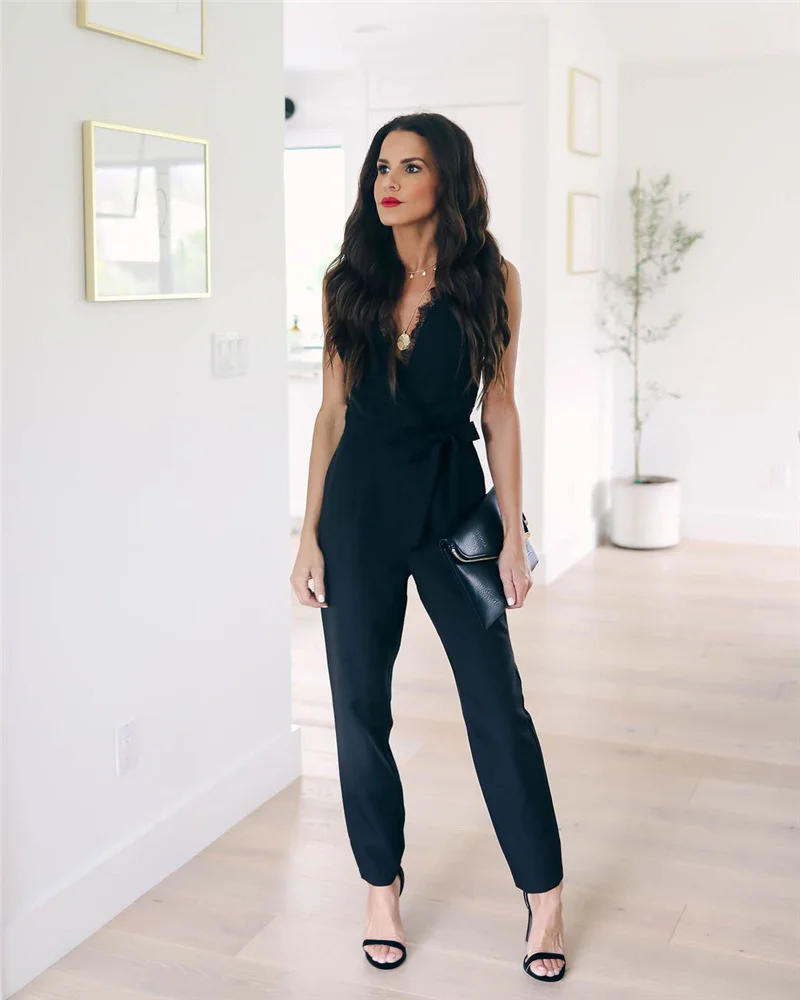 

Women Fashion Sexy Lace Pocket Jumpsuit Black Women Elastic Hight Waist Summer Rompers Outfit Women Sleeveless Overalls