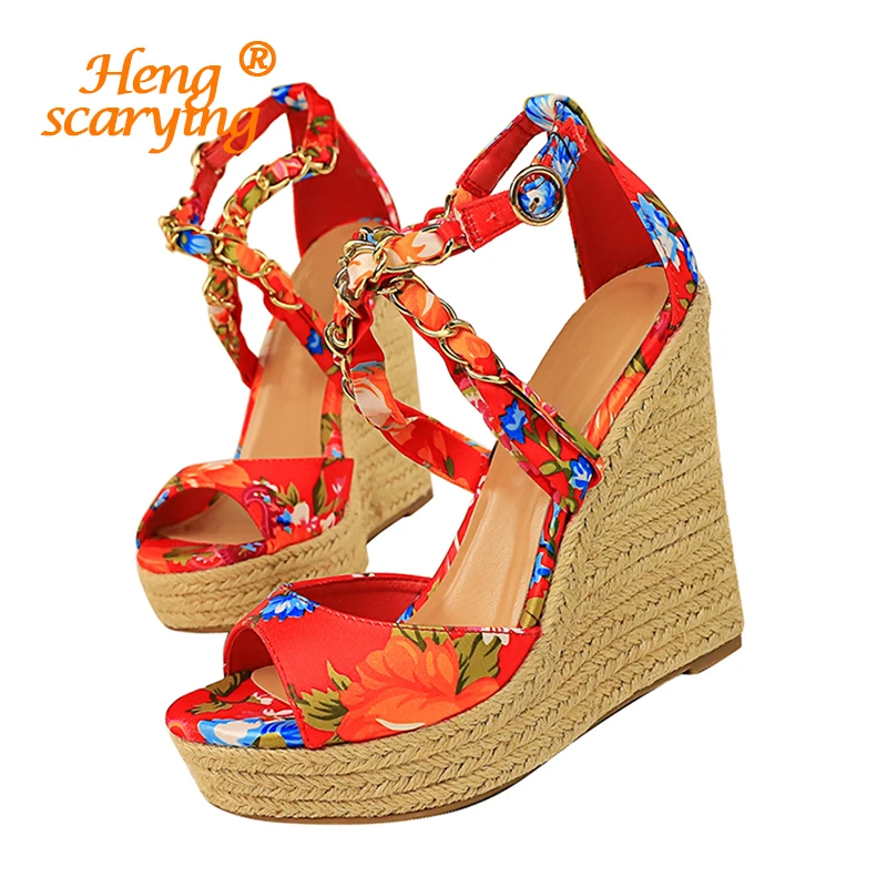 

Women Summer 13cm High Heels Wedges Platform Silk Sandals Fetish Luxury Design Pumps Female Satin Strap Heels 2022 Summer Shoes