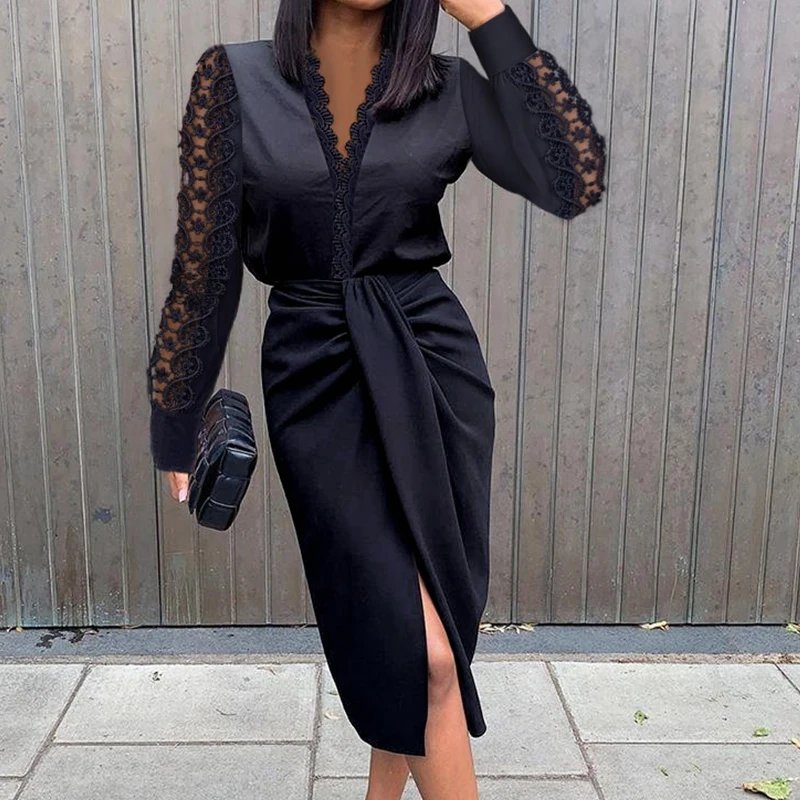 

Длинное Деловое платье Wepbel однотонного цвета, Осеннее облегающее платье с V-образным вырезом, женское кружевное платье-рубашка с длинным ру...