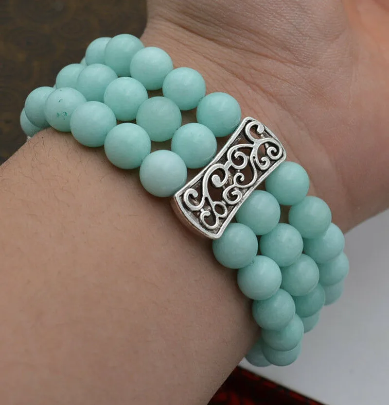 

New 3 row Women's Natural 8mm Amazon jade Beads Stretch Tibetan silver Bracelet