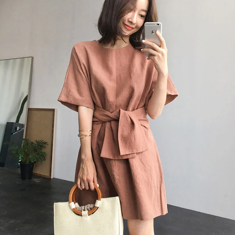 Женское хлопковое платье с круглым вырезом коротким рукавом | Женская одежда