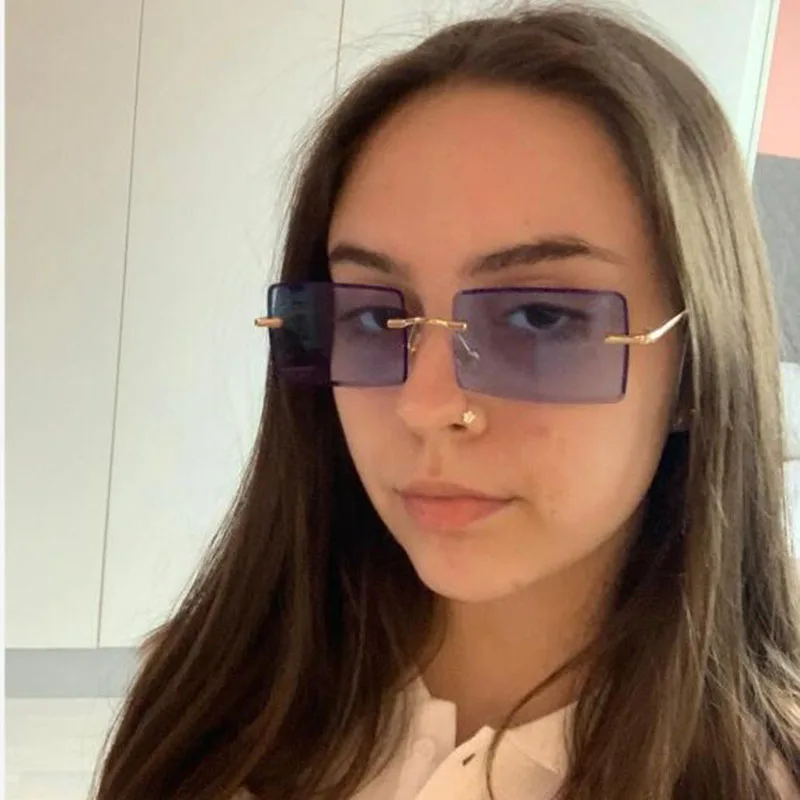 

Rimless Sunglasses Rectangle Fashion Popular Women Men Shades Small Square Sun Glasses For Female Summer Traveling Brown Oculos