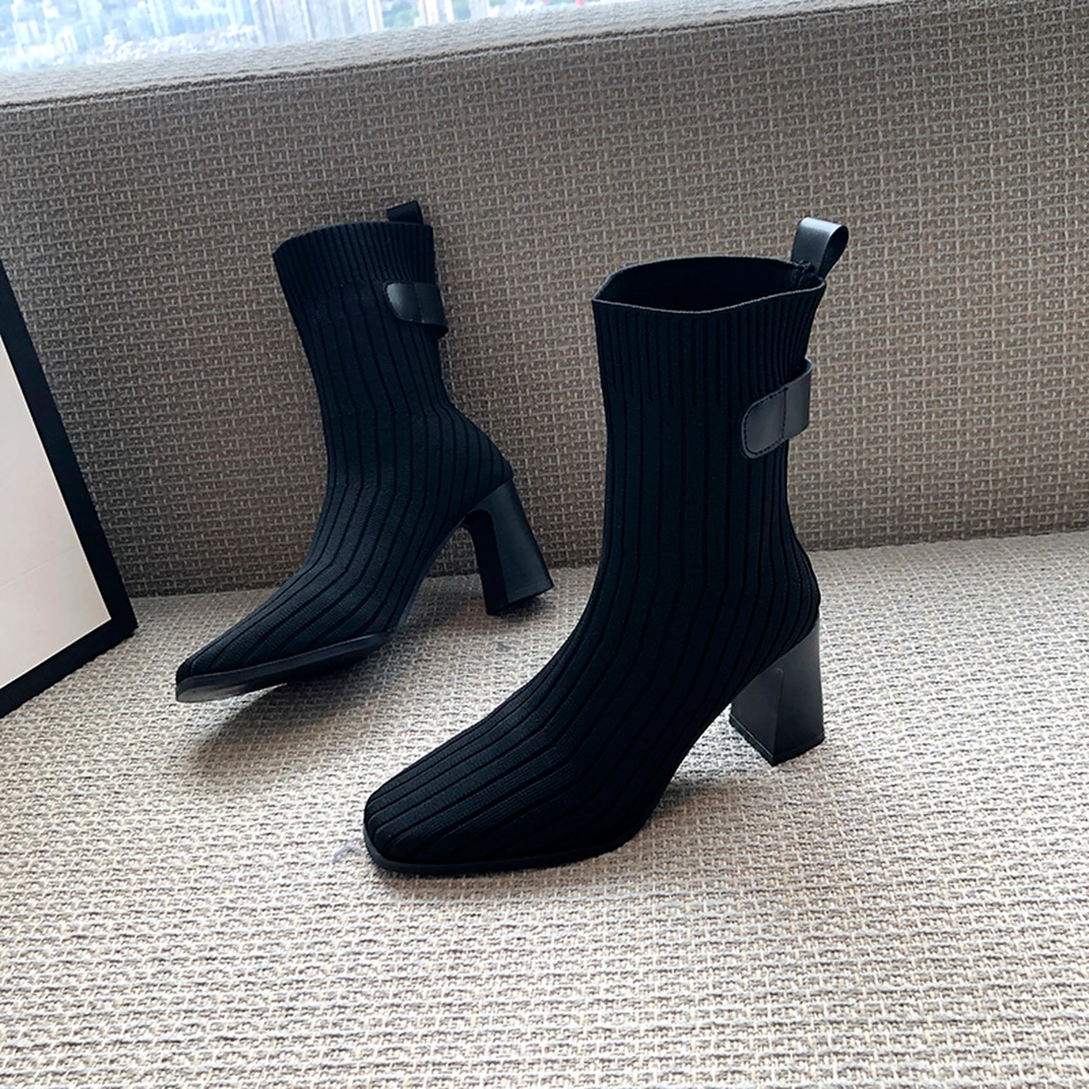 

Black Socks Boots High Heels Women's Knitted Ankle Boots High Heels Elegant Stretch Fabric Square Toe Short Boots Women's Mujer