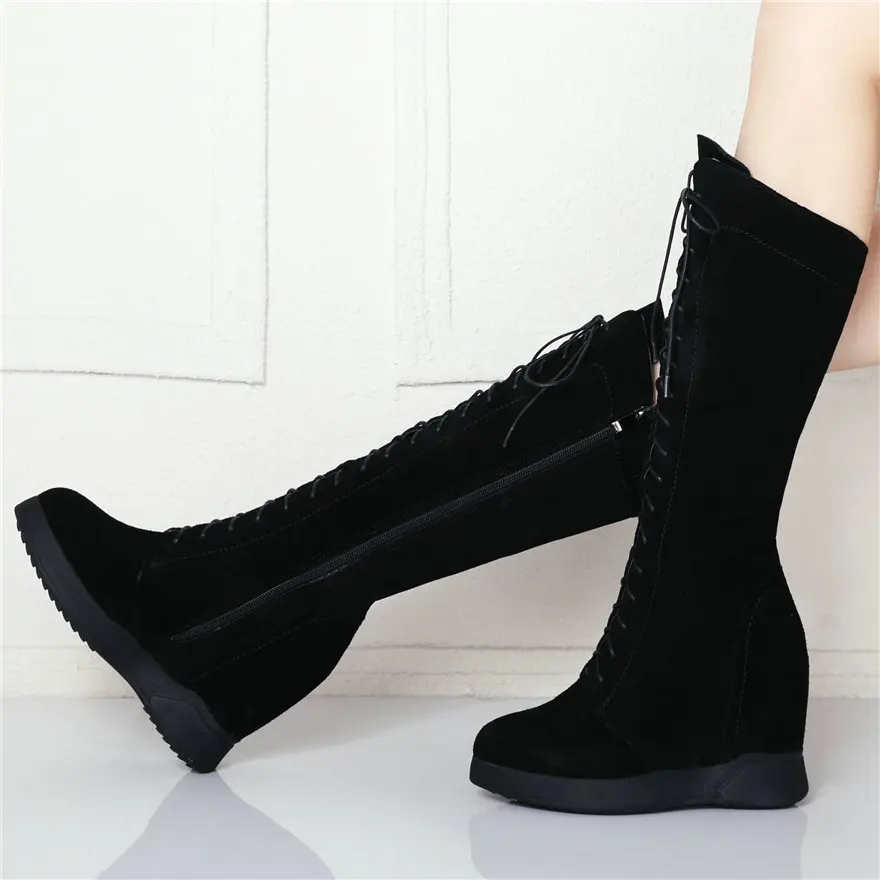 

Winter Tall Sneakers Women Cow Leather Wedges High Heel Mid Calf Riding Boots Female Lace Up Round Toe Thigh High Pumps Shoes