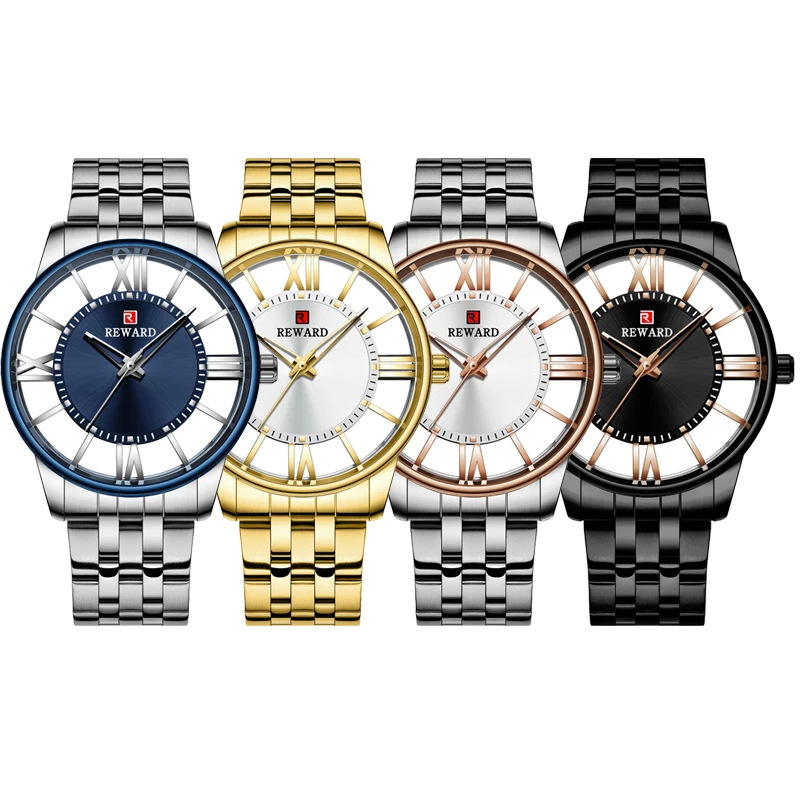 

REWARD Top Luxury Brand Mens Watches Transparent Dial Quartz Golden Steel Watch Men Business Waterproof Wrist Watch Male Clock