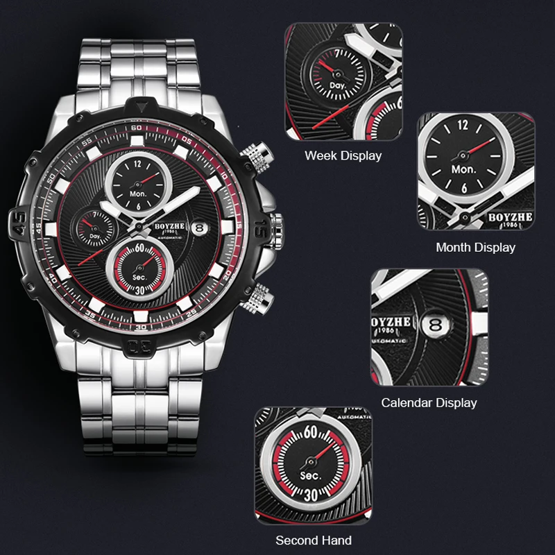 

BOYZHE Automatic Mechanical Men Watches Top Brand Luxury Waterproof date Calendar Moon Leather Wristwatch Relogio Masculino 2019