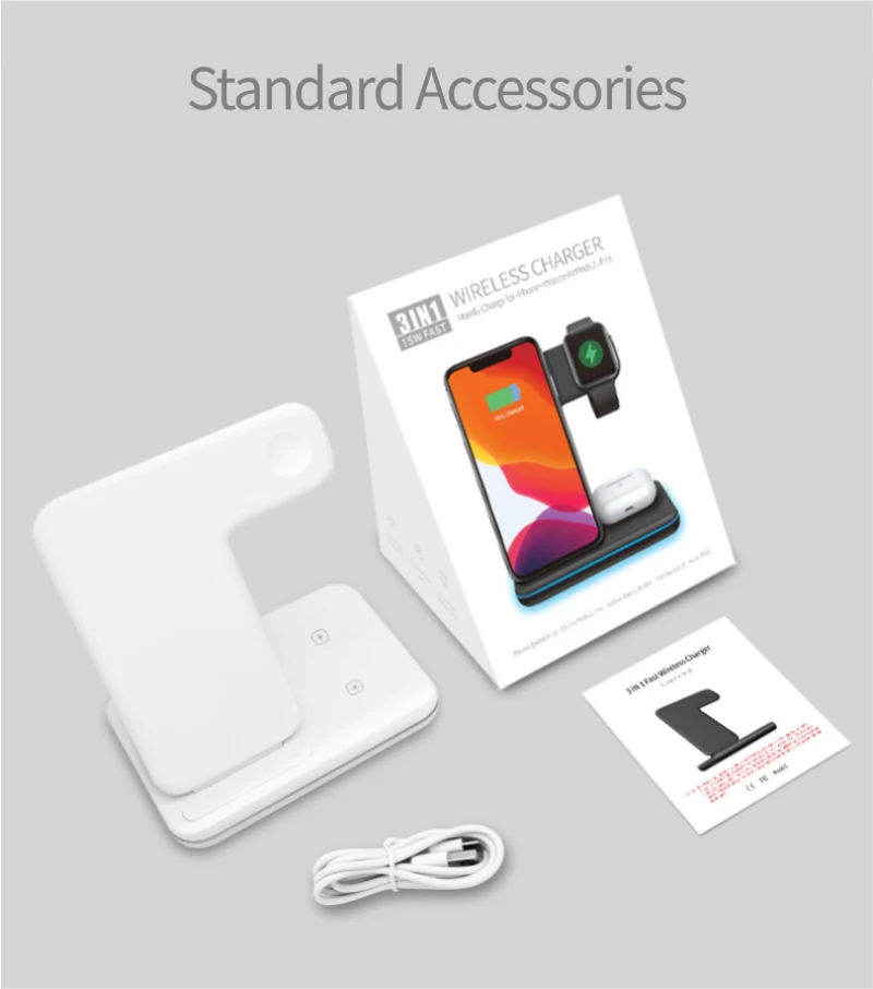 

Wireless Charger Stand 3 in 1 Qi 15W Fast Charging Dock Station for Apple iWatch 5 4 3 AirPods Pro For iPhone 12 11 XS XR X 8P