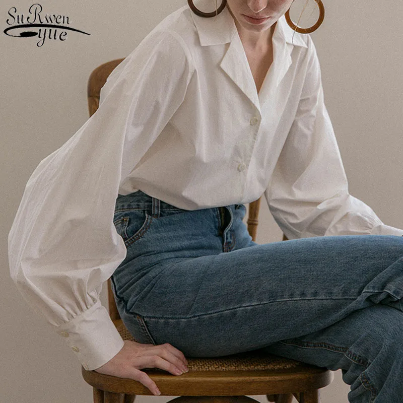 

Vintage Lantern Sleeve White Shirt Women 2021 Single-breasted Cotton Shirt Tops Female Plus Size Casual Shirts Fashion 13476
