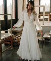 white chiffon boho wedding dresses deep v neck lantern long sleeves beach bridal gowns bohemian simple robe de mariee