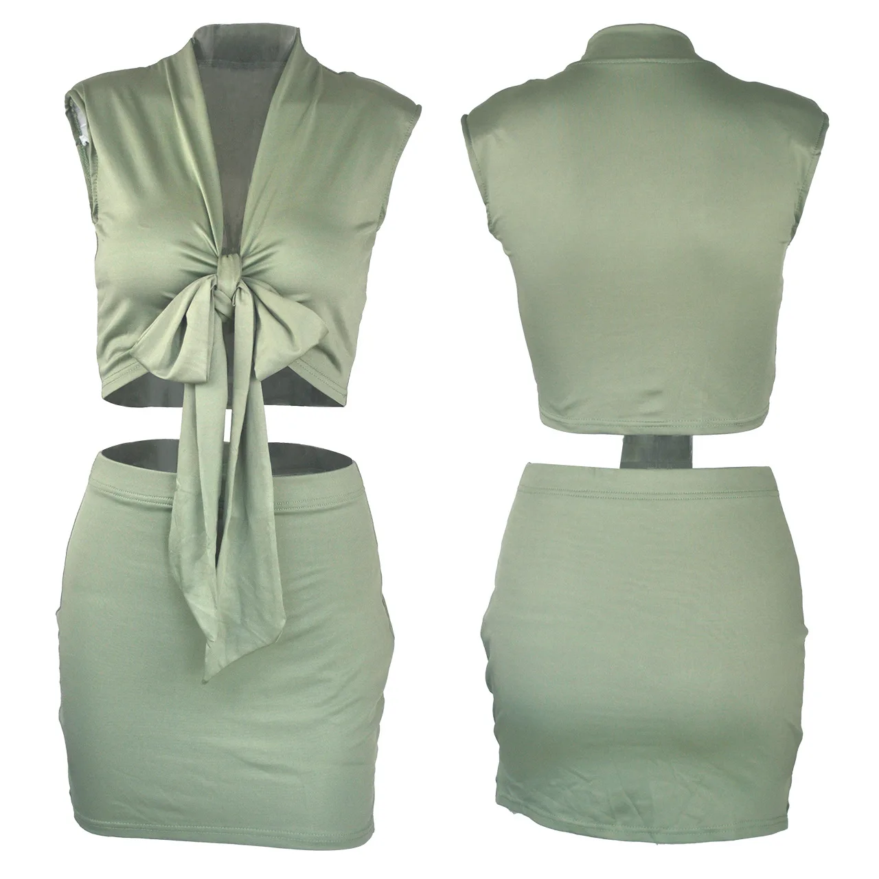 

Plus Size Women Clothing Sleeveless Crop Top Mini Skirt Sets Club Outfits Summer Elastic Sexy V-Neck Bandage Two Piece Set