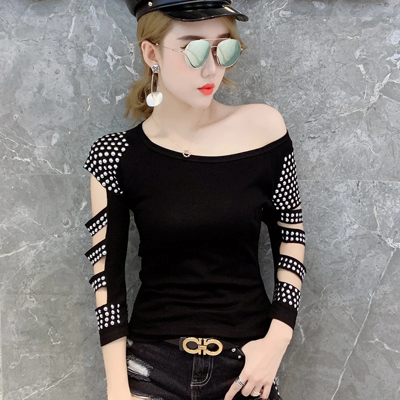 

Women Black Diamond T-shirts Sexy Hollow Out T shirts Spring Skinny Drilling T-shirt Clothes Female Club Tops Streetwear T063
