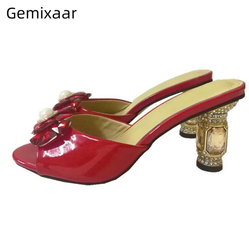 

2020 Spring Jeweled Diamond Heel Shoes Woman Bright Genuine Leather Crystal Flower Buckle Rhinestone Heel Slippers Women