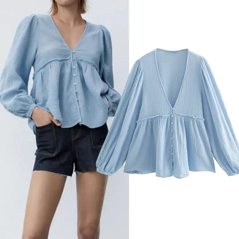 

Женская блузка с длинным рукавом Za, однотонная Свободная Повседневная рубашка с V-образным вырезом, в английском стиле, с оборками, осень 2021