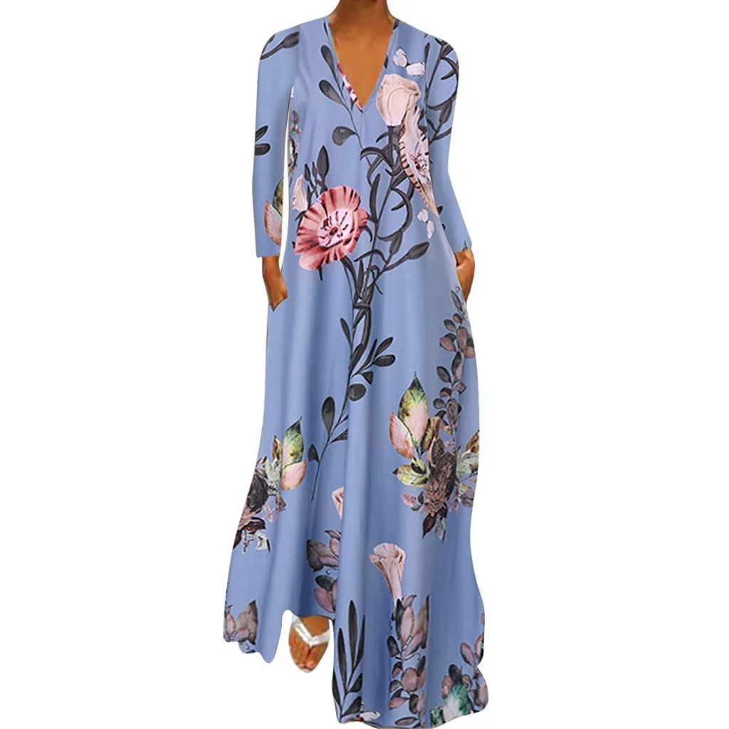 BU MISSOMO vestidos, макси платье, женское Повседневное платье размера плюс 5XL, женское платье с v-образным вырезом, с цветочным принтом, с длинным рукавом, свободные платья, платье для вечеринки 910 - Цвет: BU