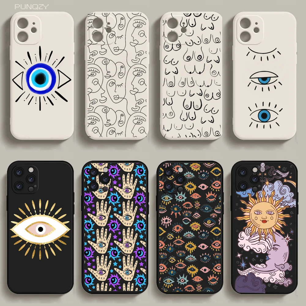 

PUNQZY Soft TPU Evil Eye Illustrations Black Phone Case For Apple iPhone 14 11 13 PRO MAX XR XS X 12 PRO 8 7 PLUS Black TPU Case