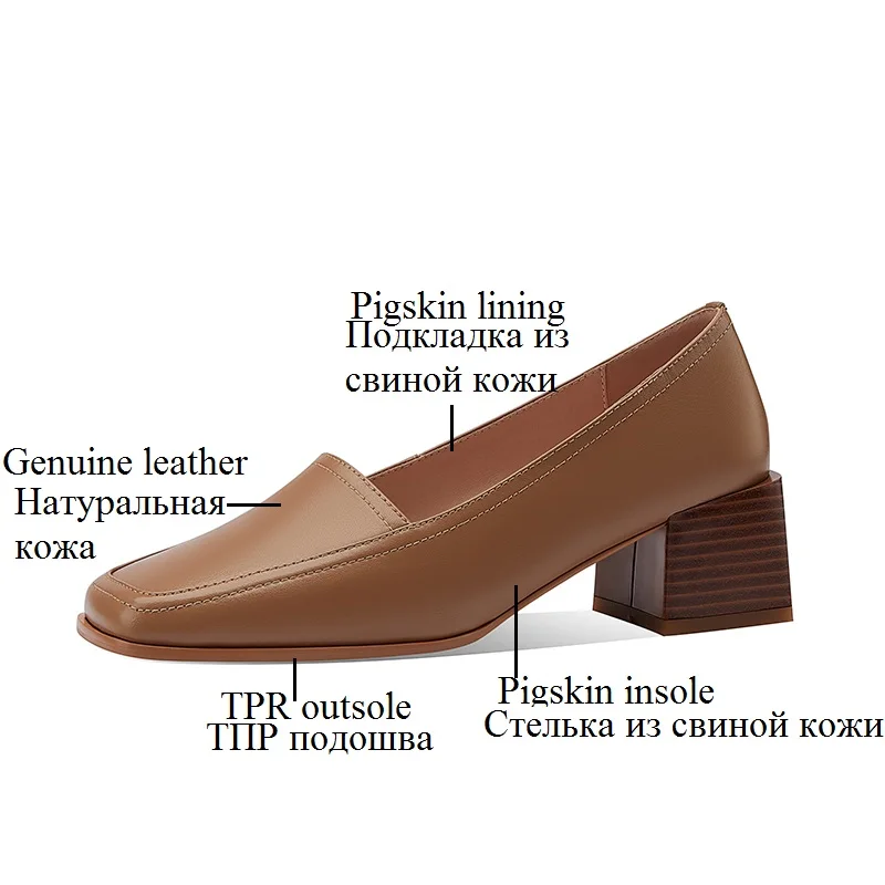 

Women Cow Leather Spring/Autumn footwear Square toe mid heels Pumps Office&Career Genuine Leather thick Heel slip on Lady shoes
