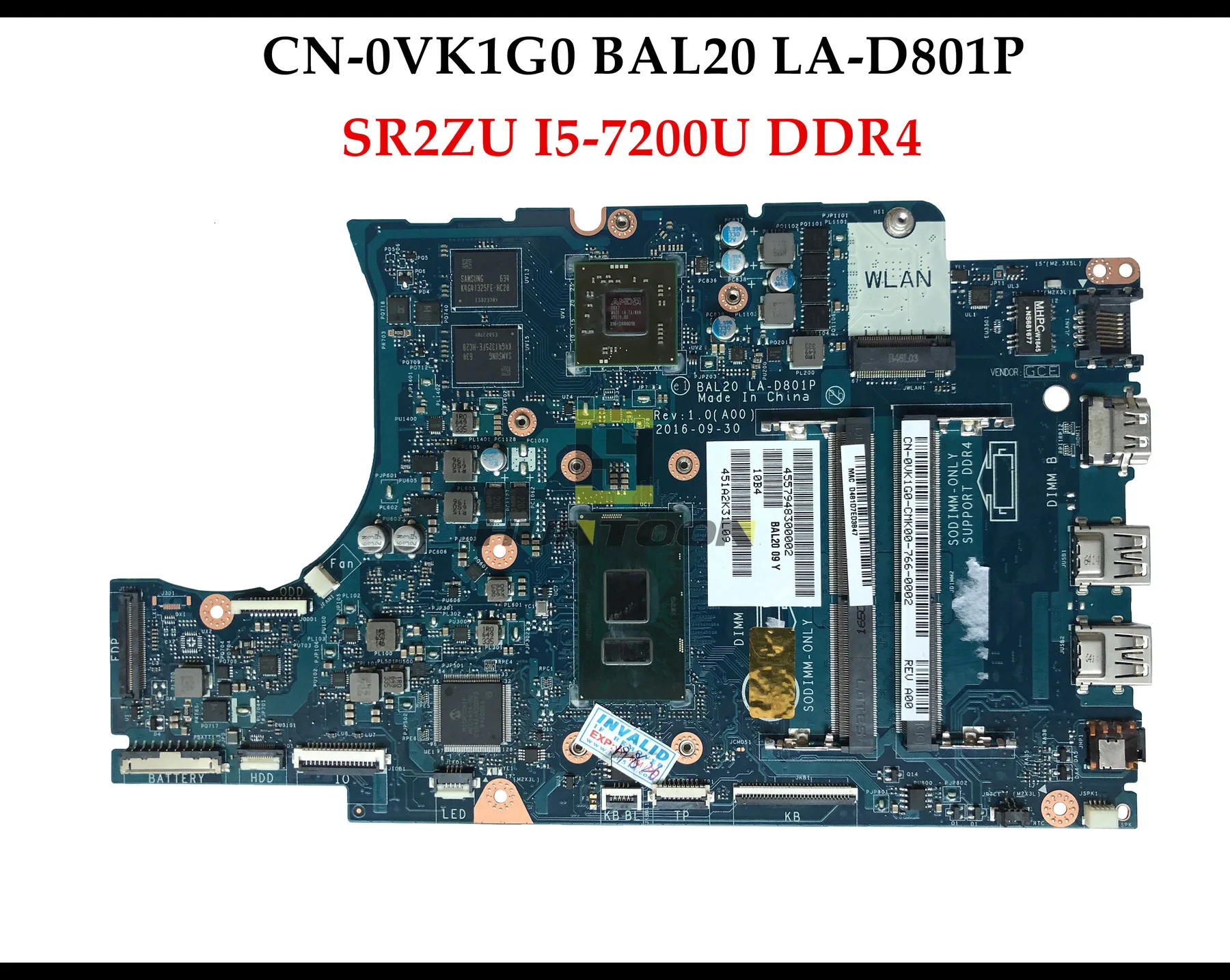 CN-0VK1G0 для Dell Inspiron 15 5567 5767 Материнская плата ноутбука VK1G0 SR2ZU I5-7200U BAL20 LA-D801P тестирование