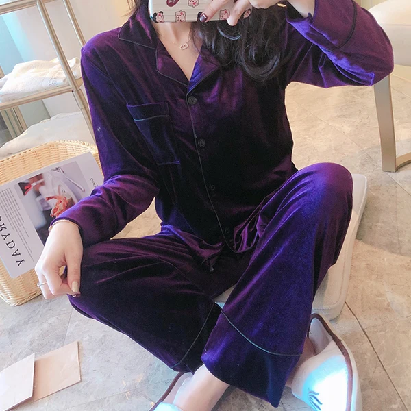 New Arrivals WAVMIT Winter Women's Flannel Long Sleeve Pajamas Set Loose Leisure Women Sleepwear Gold Velvet Pyjamas Outwear | Женская