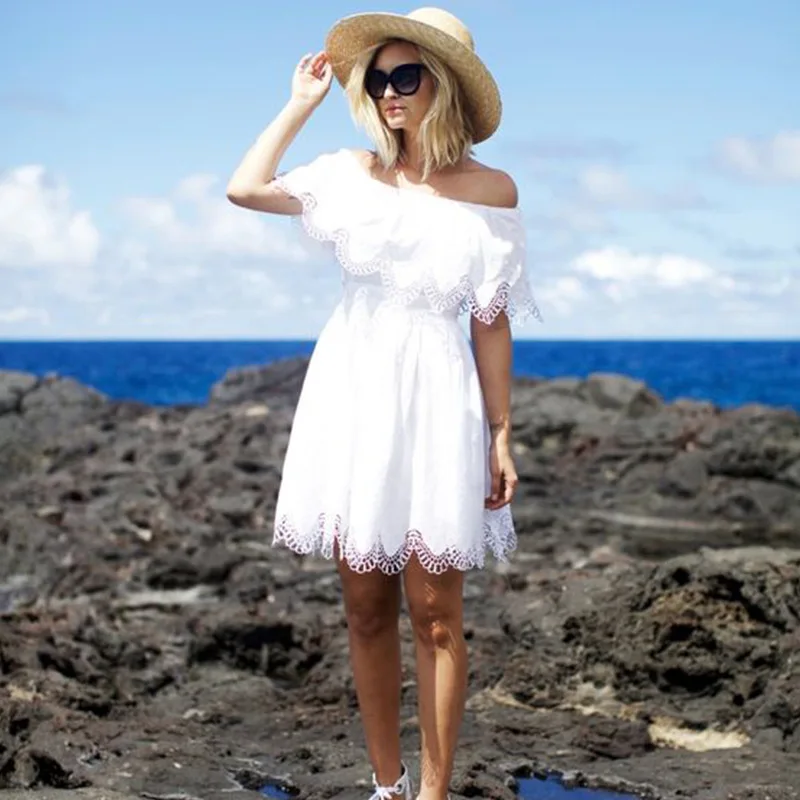 

Fashion Women Elegant Vintage sweet lace white Dress Stylish Sexy Slash Neck Casual Slim Party dress Female vestidos