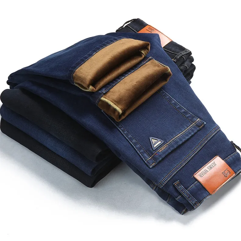 

2021 SULEE Brand Winter Men's Fleece Baggy Jeans Business Straight Thick Warm Denim Pants Stretch Black Blue Trousers 28-42