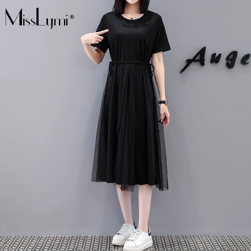 

MissLymi M-4LX Plus Size Women Tshirt Dress Summer 2021 Fashion Loose Shot Sleeve Mesh Patchwork High Waist DrawString Mid Dress