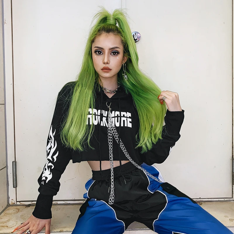 IAMHOTTY, готический укороченный топ с буквенным принтом, толстовка с длинным рукавом, с капюшоном, с цепочкой Bts, Черная Женская толстовка, новая мода, свободная толстовка для девушек