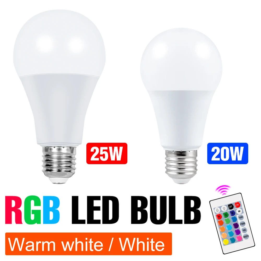 

LED Smart Lamp E27 Bulb 220V Light Colorful Ampul 20W 25W LED Night Light Dimmable Bulb RGB Light Bulb With IR Remote Control