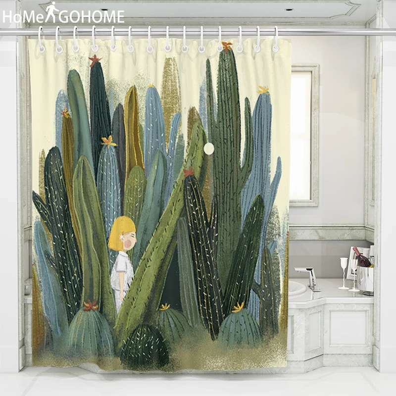 Водостойкая штора Для Душа С КАКТУСОМ для девочек с крючками зеленая Штора