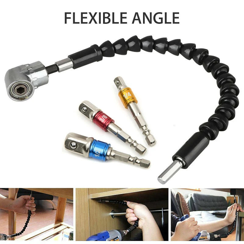 

105 Degree Stainless Steel Angle Drill Bit Adapter 3x Set Rod Shank Extension Bit Black Soft Shaft Drill Bits