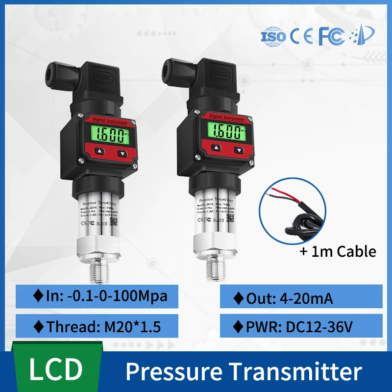 

LCD -0.1-0-100Mpa Pressure Measurment 4-20ma Output Water Tank Oil Gas Pressure Transmitter M20*1.5 Connector With 1m Cable