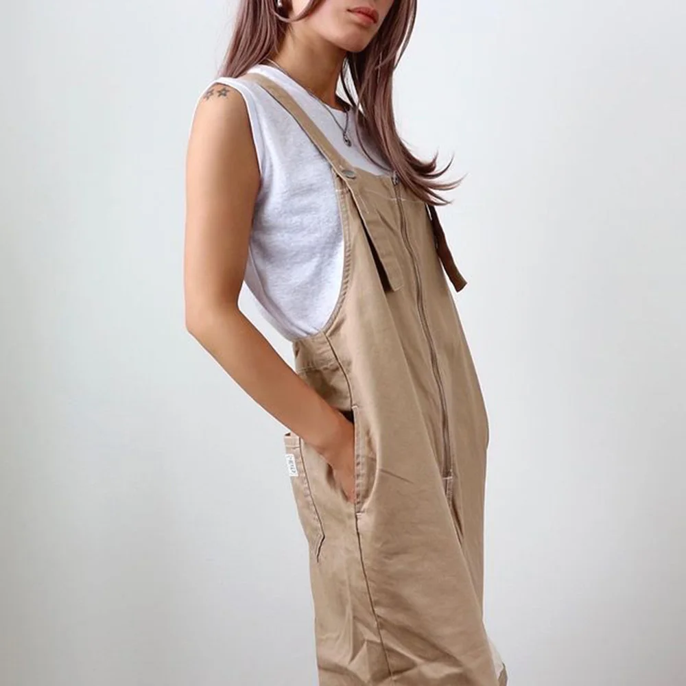 

One Piece Women Jumpsuit Summer Simple Plain Suspender Trousers Ladies Fashion Wide Leg Pants Loose All-in-one Zipper Plain