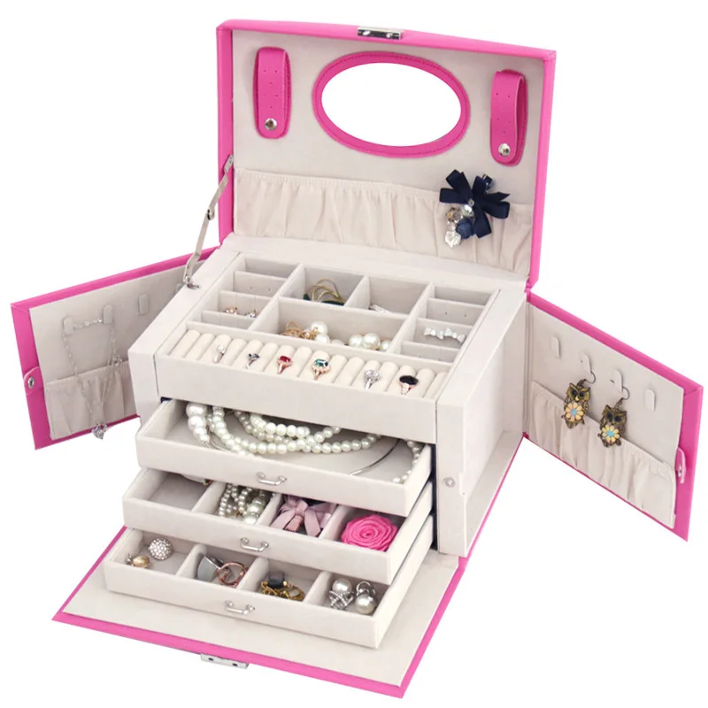 

Classical fashion women pink color leather jewelry box top quality jewelry Makeup Organizer Box Jewelry Storage Case 200805-67