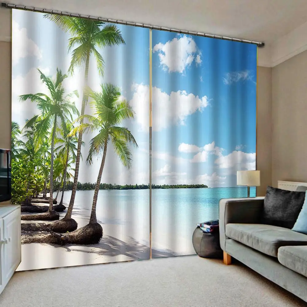 Blue Sea Landscape Beach Coconut Tree Curtain Digital Print For Living room Bedroom Window Drapes Indoor Decor 2 Panels Hooks | Дом и сад