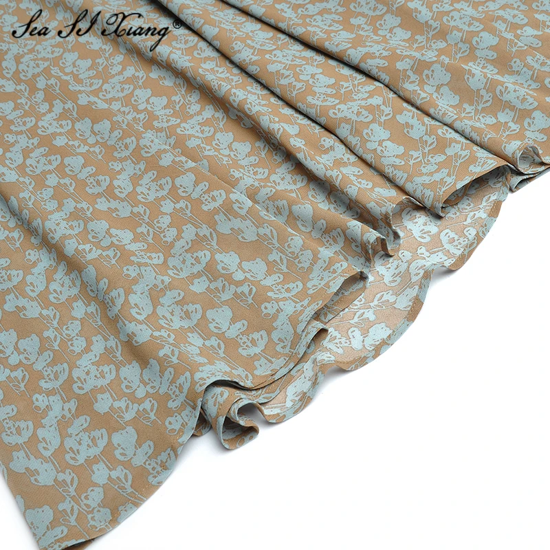 

Seasixiang Fashion Designer Spring Chiffon Dress Women's Stand collar Lantern Sleeve Floral-Print Lace Ruffles Dresses