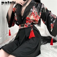 sexy black printed erotic lingerie japanese cardigan kimono role play costumes split four piece suit sleepwear 2021 new