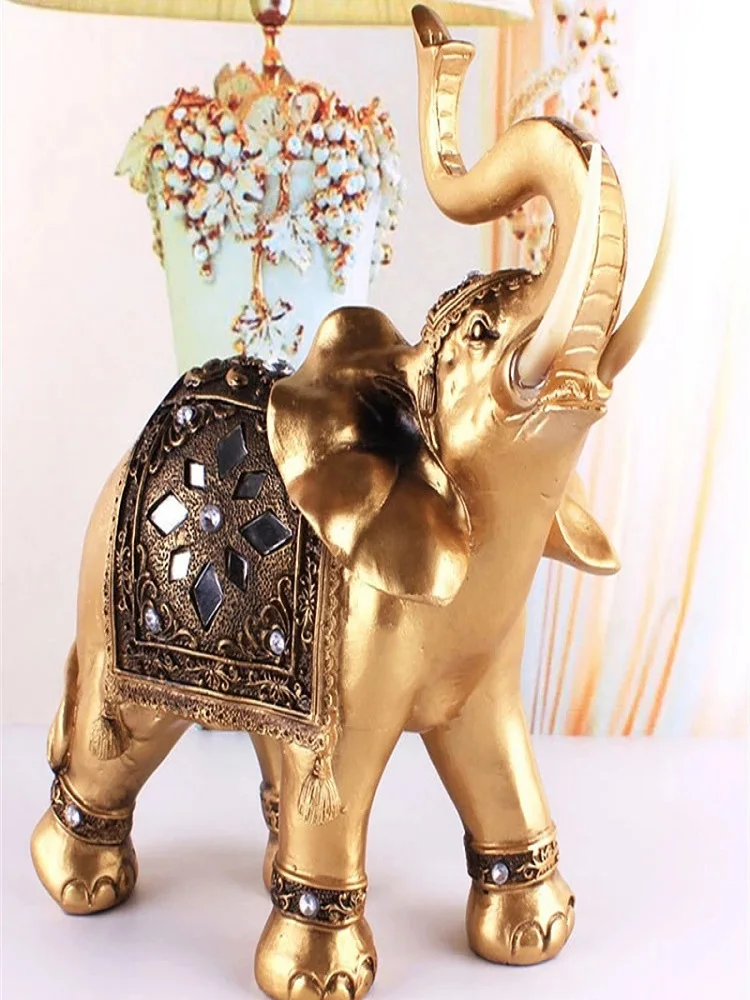 

Elephant Statue Golden Resin Elephant Statue Feng Shui Elegant Elephants Trunk Sculpture Home Decoration Accessories Crafts