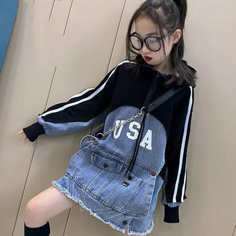 

High Quality Baby Girl Autumn 2021 New Hooded Denim Stitching Dress Casual Jacket Big Girls Clothes Size 14 15 Year Kids Clothes