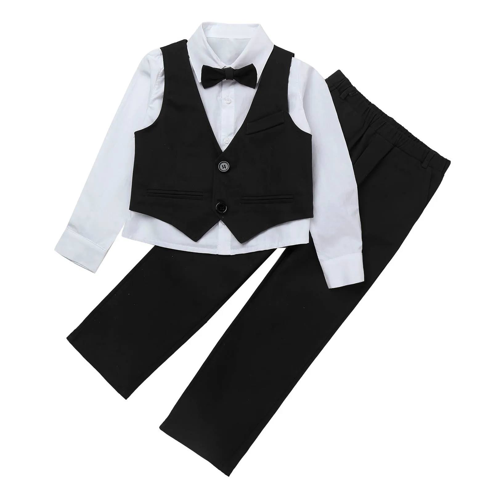 

Formal Set Fashion Kids Clothing Sets Boy Gentleman Suit Long Sleeve Bowtie Shirt +Overalls + Jacket Suit Party Tuxedo Outfits