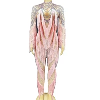 tassel bodysuit women striped printing long sleeve ladies nightclub performance clothing theatrical costume for women