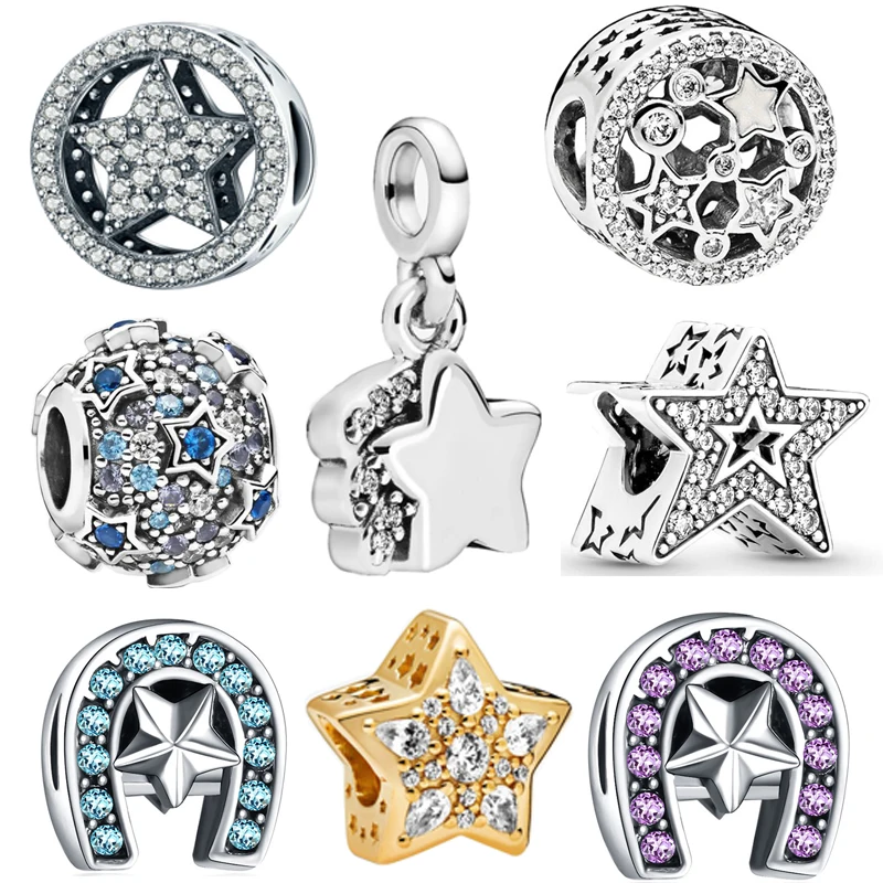 

Colorful Shining Five Pointed Star Beads Pendants Fit Pandora Charm Silver Color Bracelet DIY Women Original Jewelry Custom Made