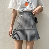 korean women high waist a line pleated patchwork mini skirts gray plaid buttons summer oversize vintage office skirts elegant