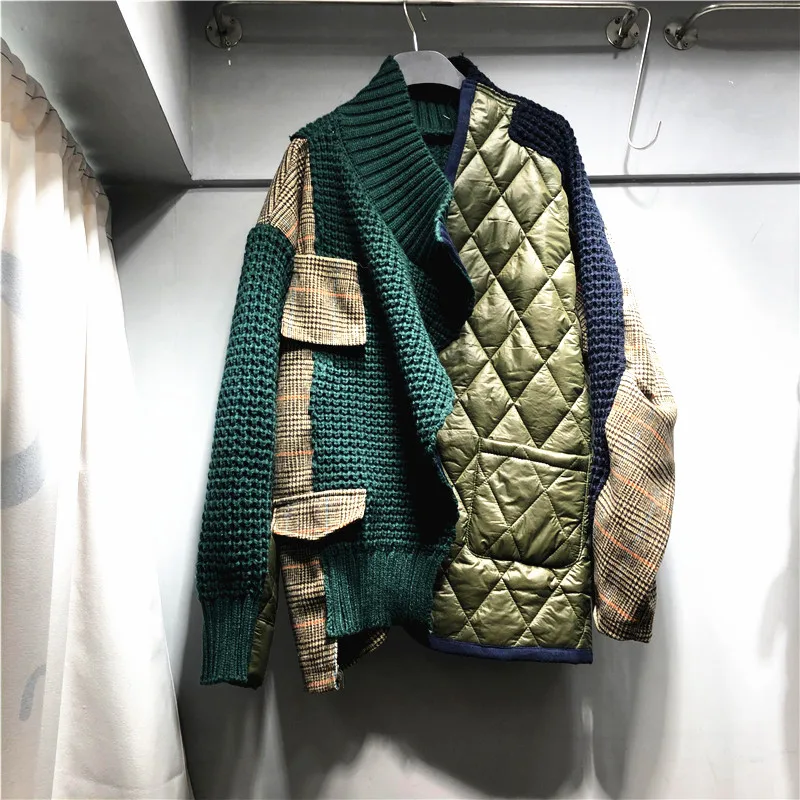 

Winter Clothing woolen cloth stitching sweater Cotton Jacket Women INS Net red cotton Coat contrast sweater Cotton jacket Female